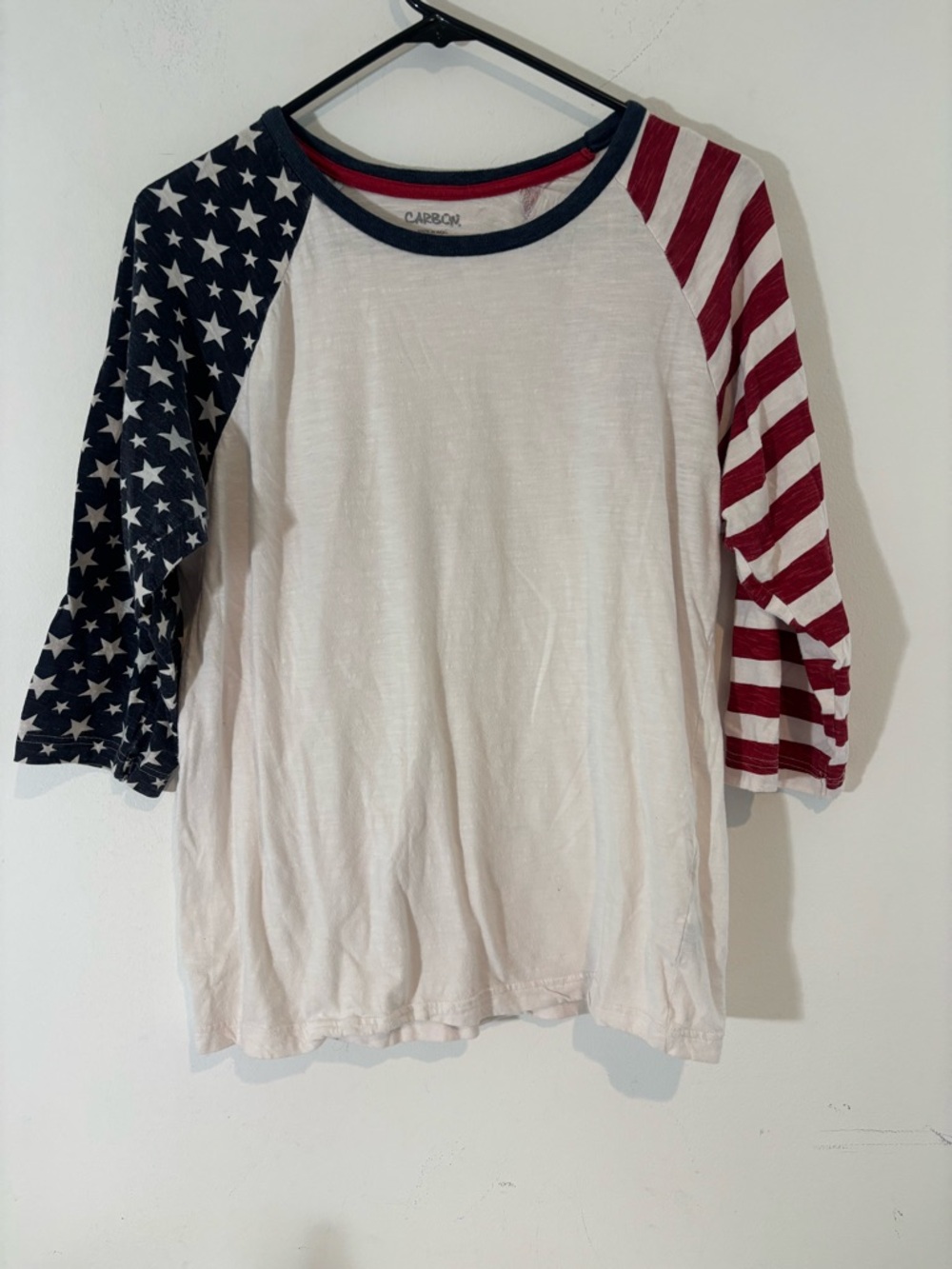 Carbon Women Medium American Flag Raglan Shirt White Red Blue Sleeves Patriotic